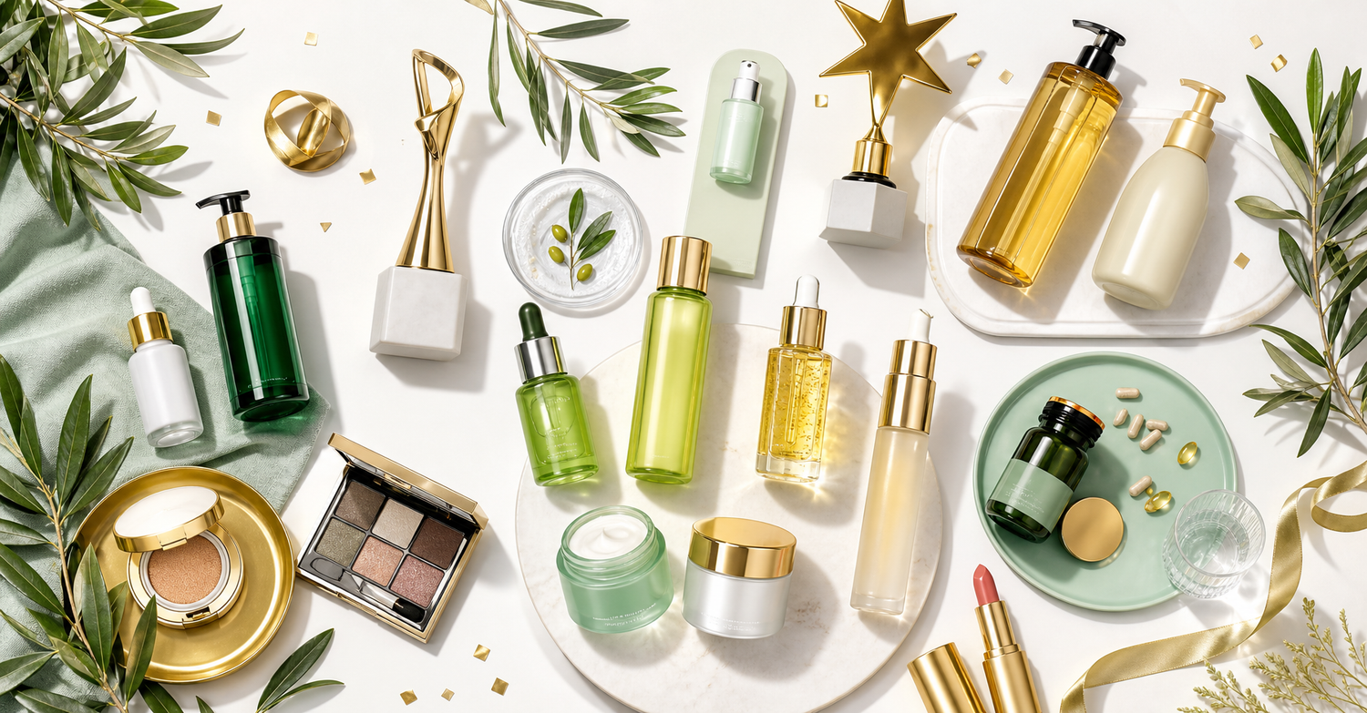 Olive Young Awards 2025 winning Korean beauty products flatlay
