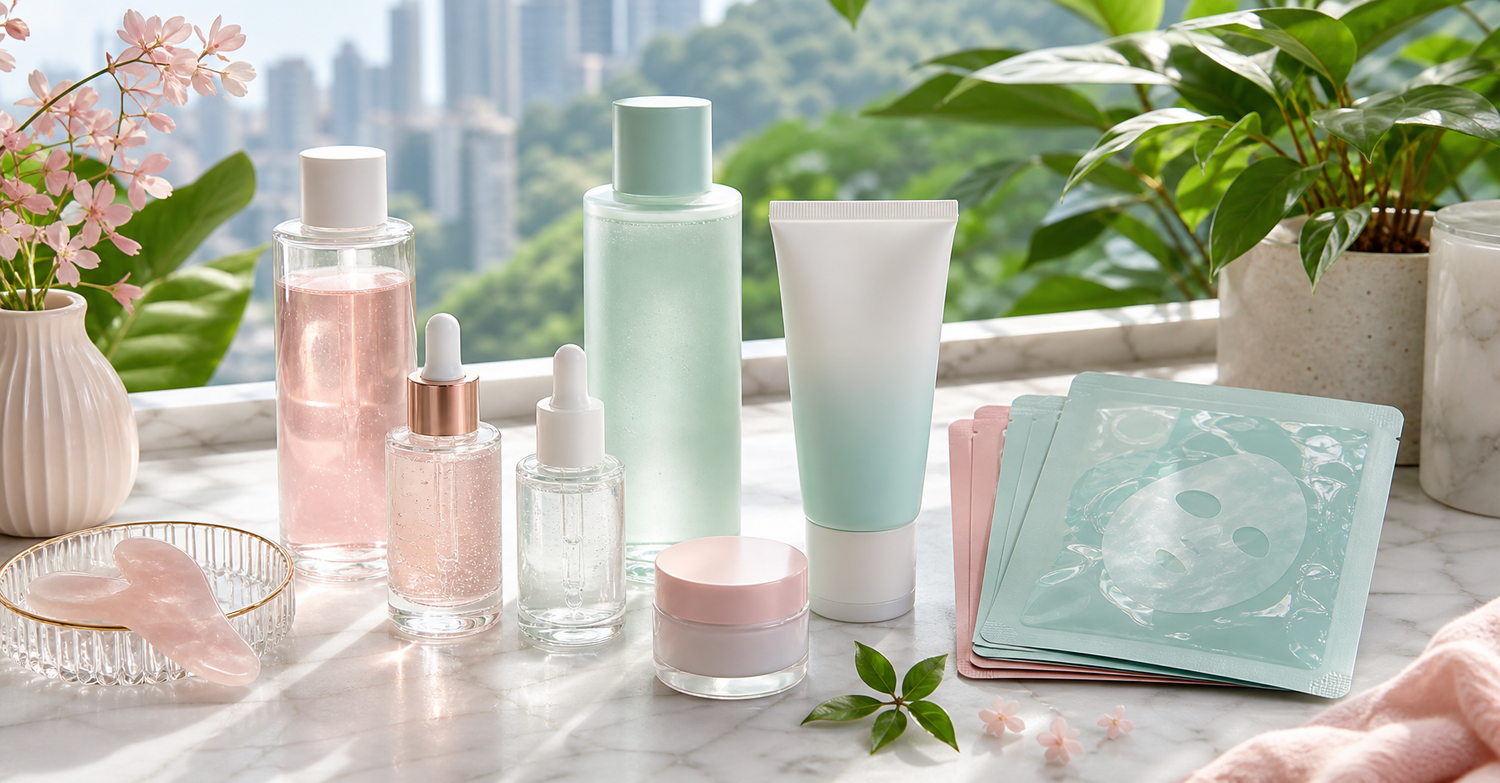 Korean skincare products flatlay for Hong Kong climate routine
